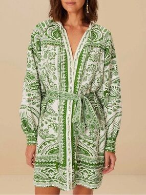 FARM Rio White and Green Paisley Belted Shirt Dress